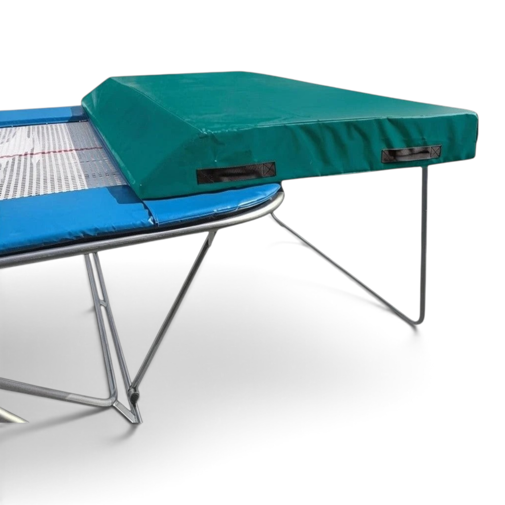 UK Gym Pits economy spotting end deck with green wedged safety mat and silver folding frame for trampoline