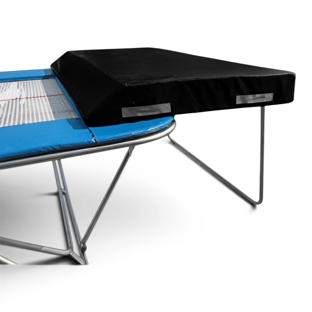 UK Gym Pits economy spotting end deck with black safety mat attached to a trampoline frame with silver legs.