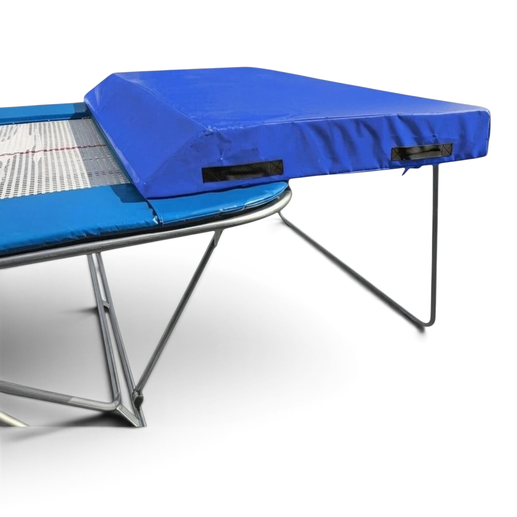 UK Gym Pits economy spotting end deck with blue PVC wedge mat attached to a trampoline frame