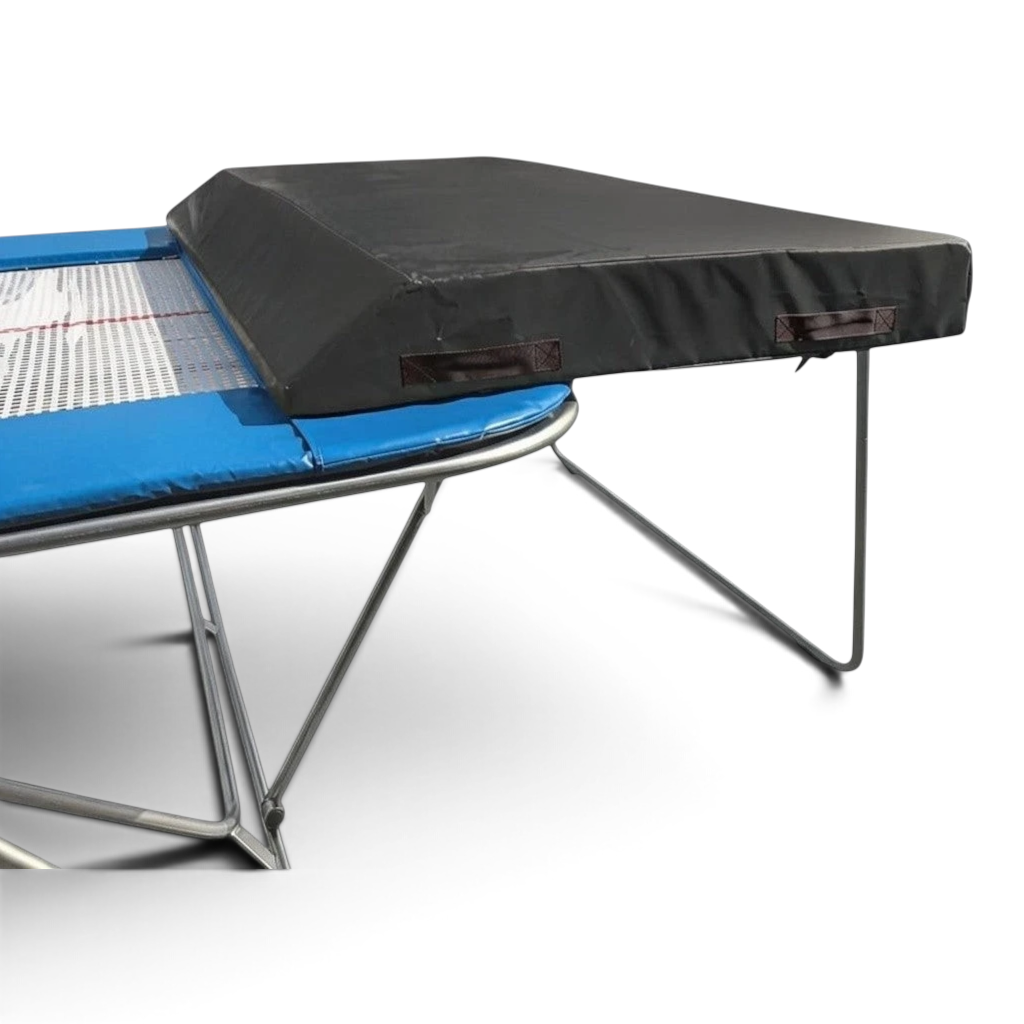 UK Gym Pits economy spotting end deck with black wedged safety mat attached to a trampoline frame
