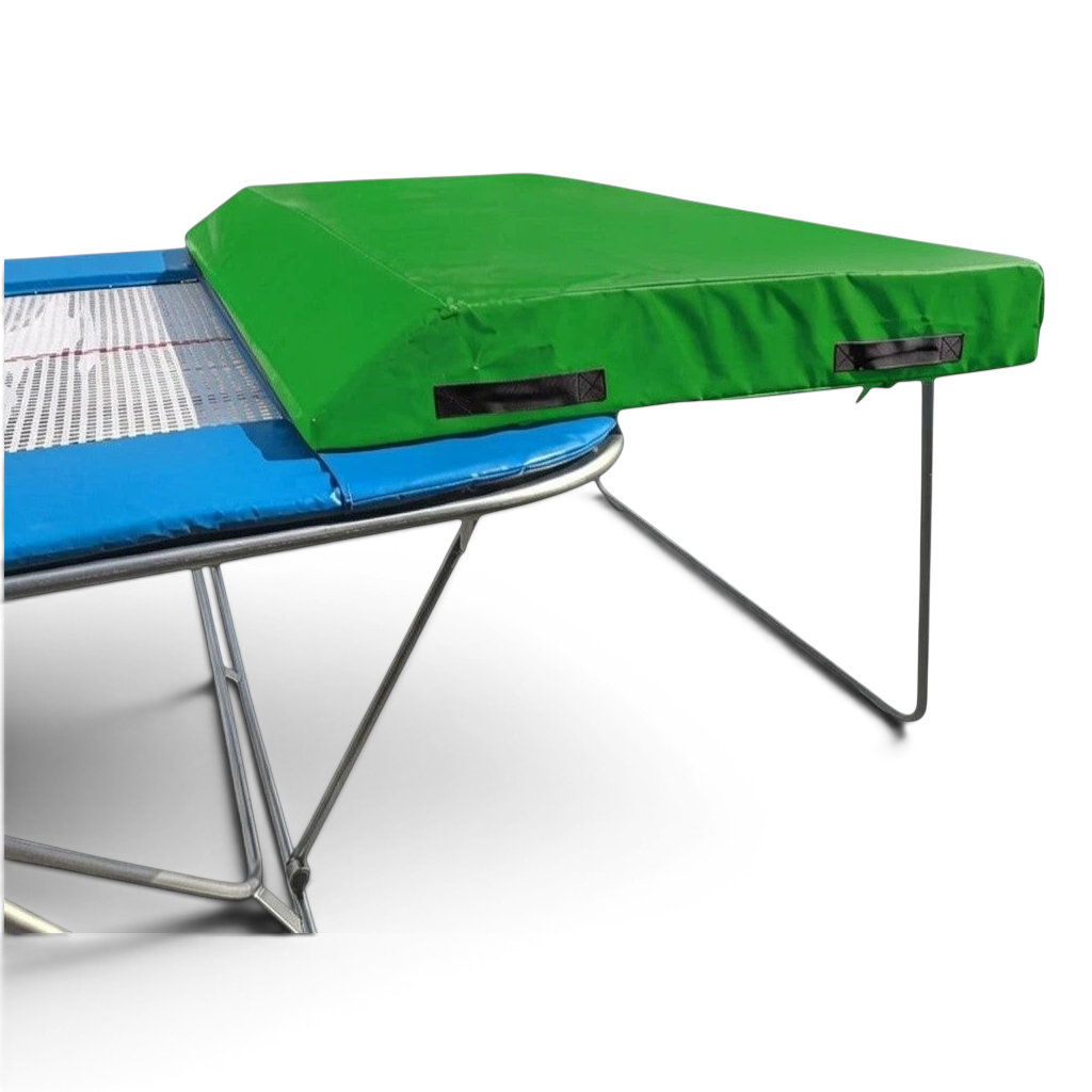 UK Gym Pits economy spotting end deck with green wedged safety mat attached to a trampoline frame