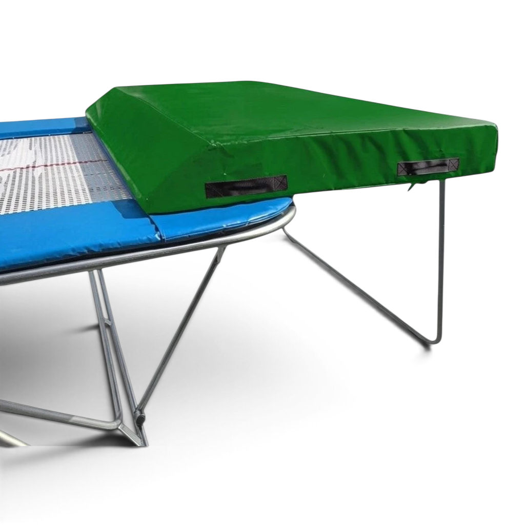 UK Gym Pits economy spotting end deck with green wedged safety mat attached to a trampoline frame