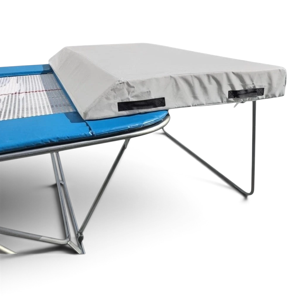 UK Gym Pits economy spotting end deck with grey wedged safety mat attached to a trampoline frame