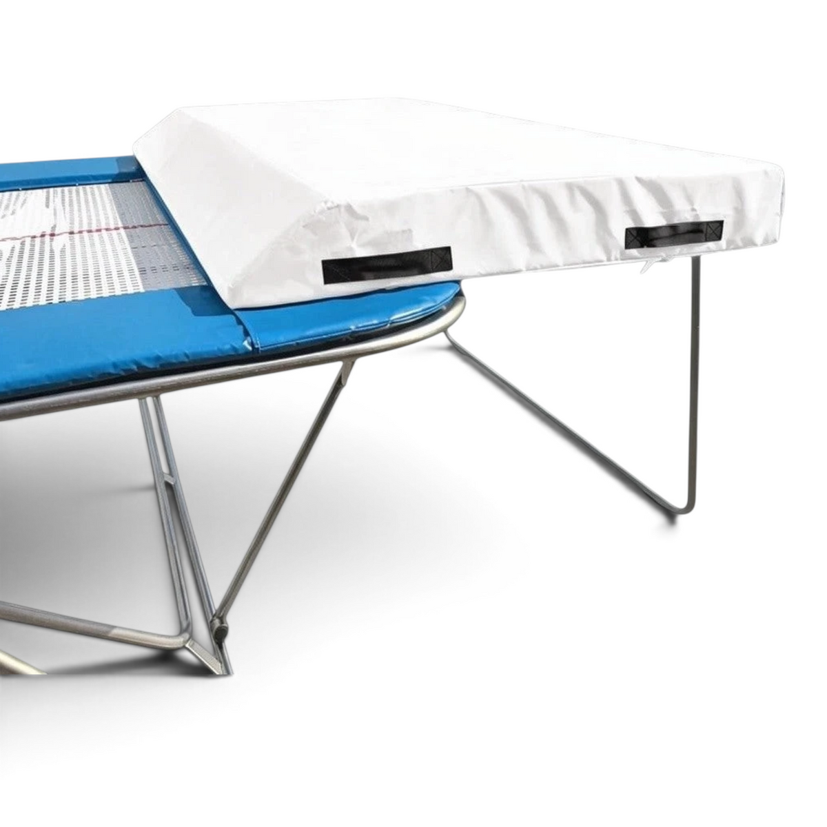 UK Gym Pits economy spotting end deck with white wedged safety mat attached to a trampoline frame