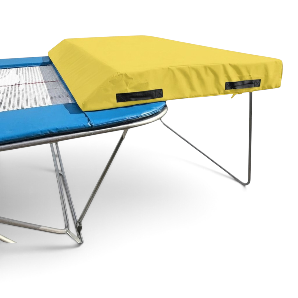 UK Gym Pits economy spotting end deck with a yellow safety mat attached to a silver metal trampoline frame