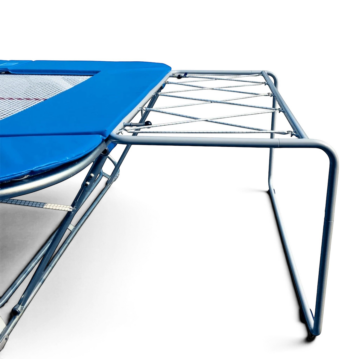 UK Gym Pits economy spotting end deck attached to a blue trampoline frame with a silver powder-coated metal structure.