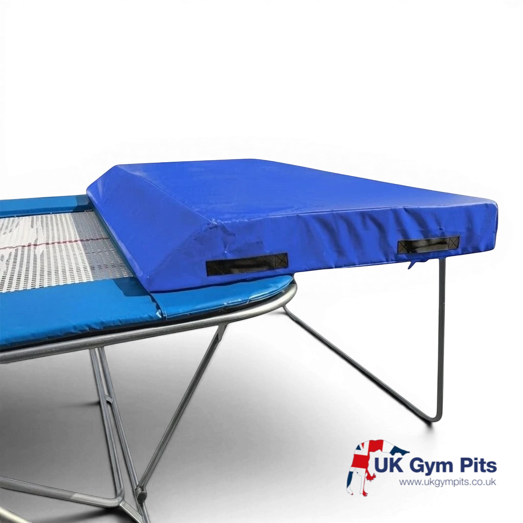 UK Gym Pits economy spotting end deck with blue wedged safety mat attached to a trampoline frame