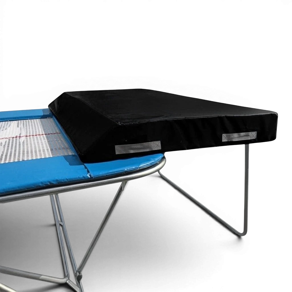 UK Gym Pits economy spotting end deck with black wedged safety mat attached to a trampoline frame