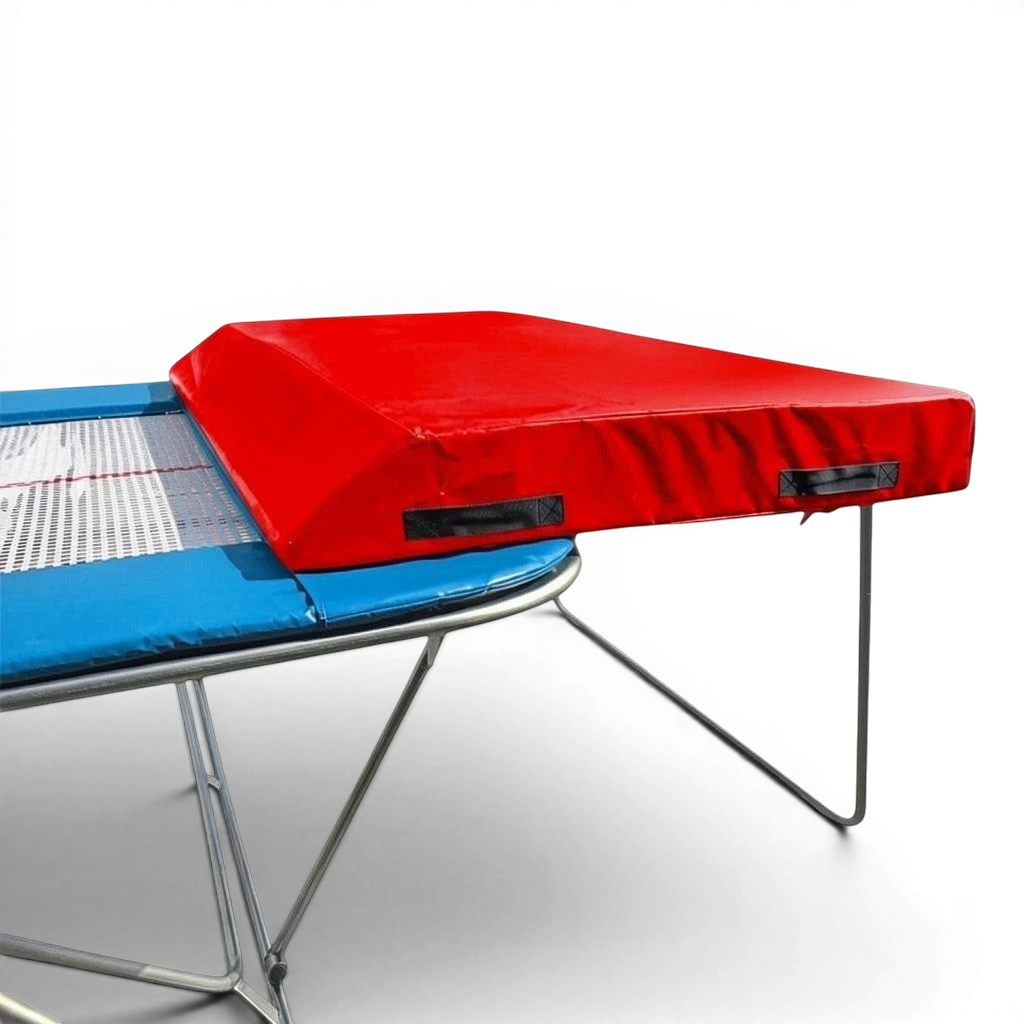 UK Gym Pits economy spotting end deck with red PVC safety mat and silver folding frame for trampolines