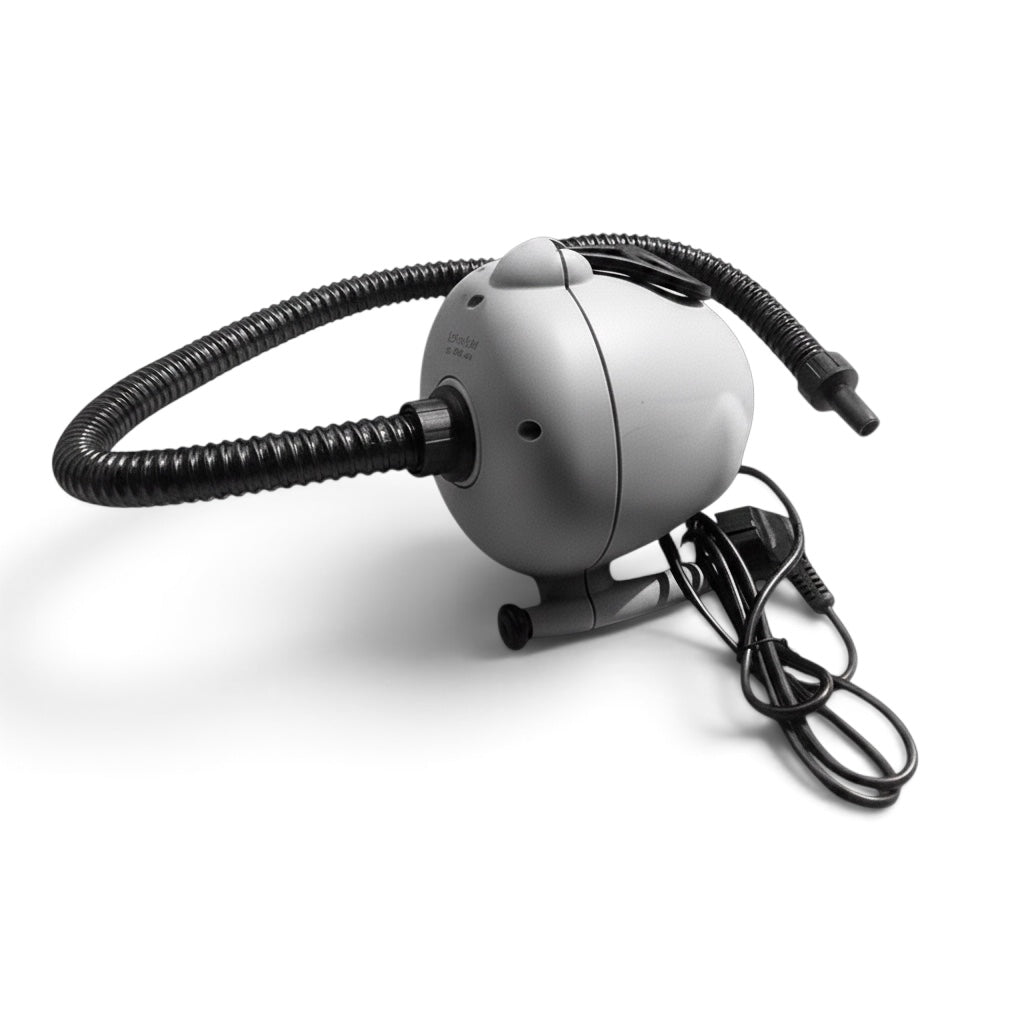 UK Gym Pits electric air pump with black hose and power cord for inflating gymnastics equipment