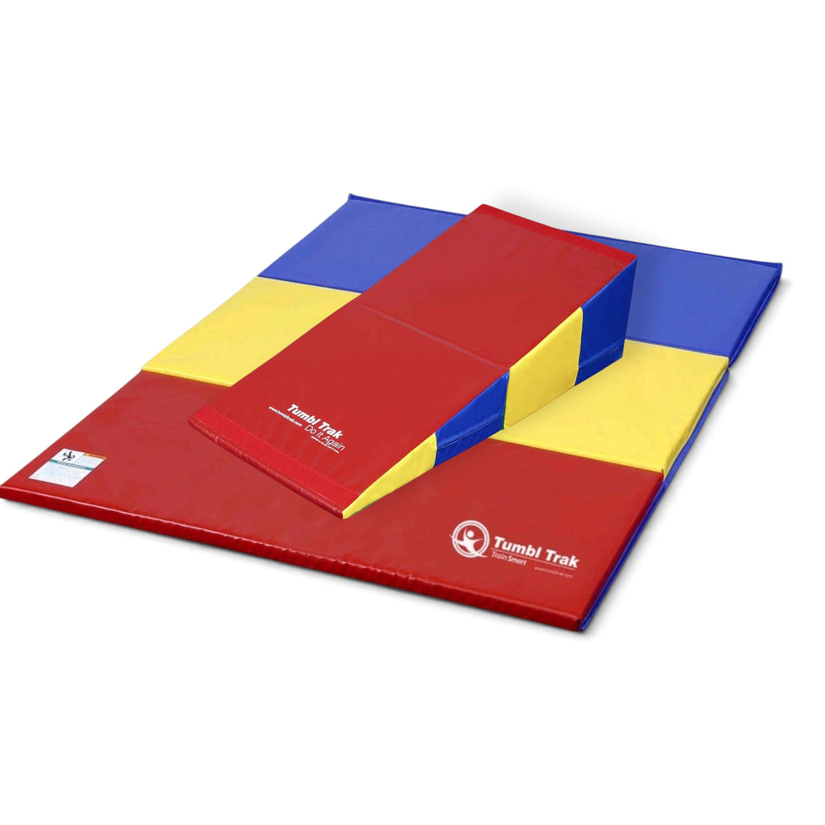 UK Gym Pits essential tumbling package featuring a colourful folding incline mat and a multi-panel tumbling mat.