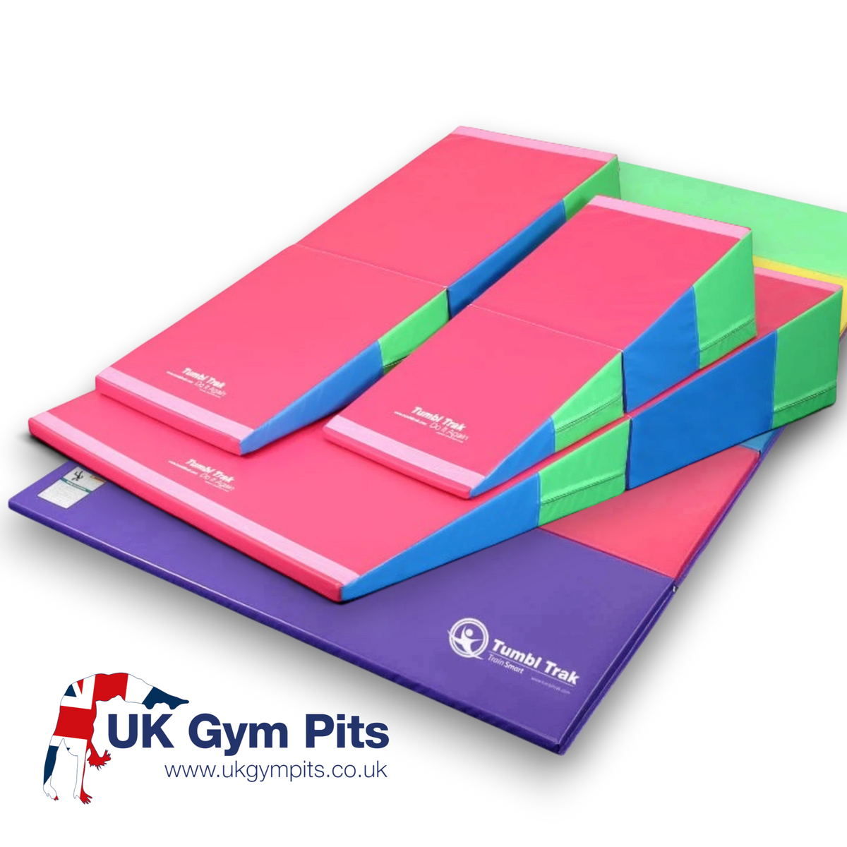 UK Gym Pits essential tumbling package featuring a colourful folding incline mat and a multi-panel tumbling mat.