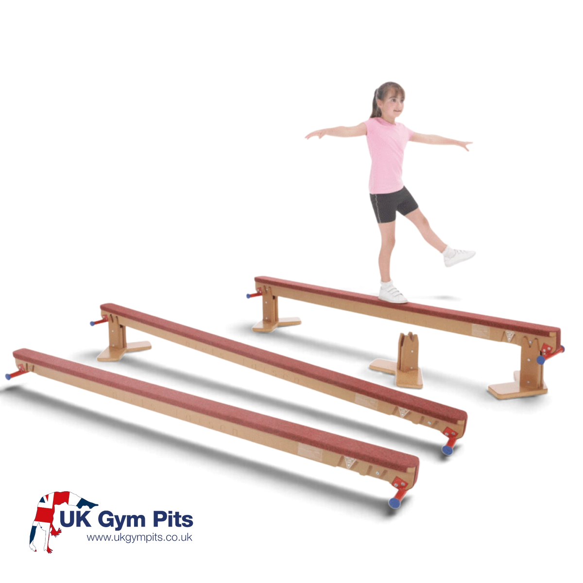 UK Gym Pits Eurobeam versatile timber gymnastics balance beam with carpeted surface and adjustable height settings