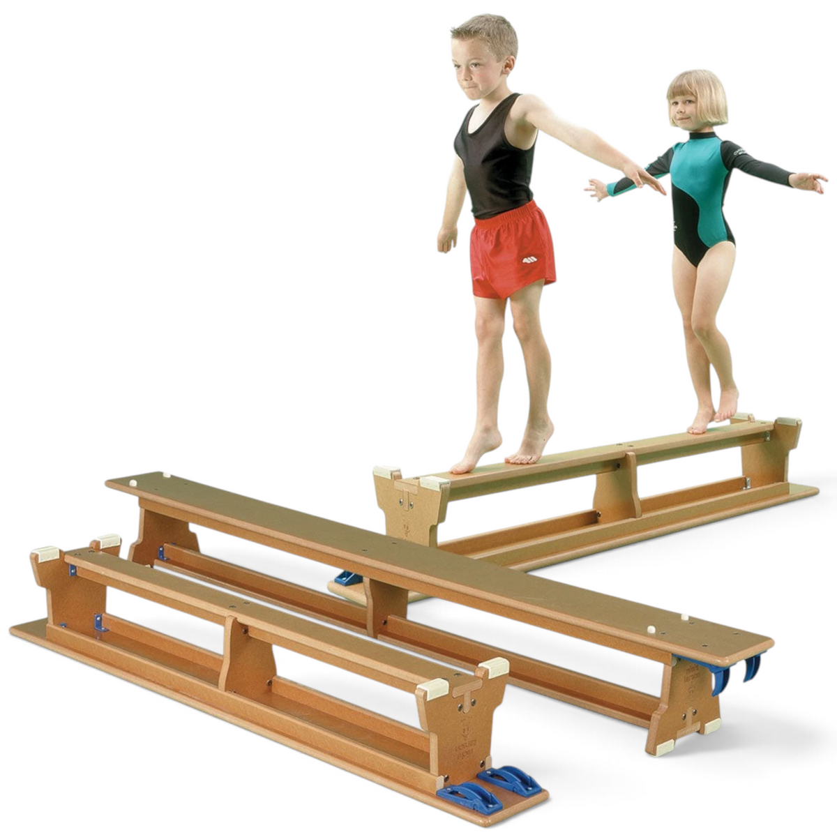 UK Gym Pits Eurobench wooden balance benches with nylon hooks and rubber feet, shown in use by children.