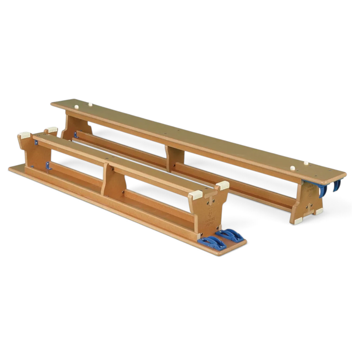 UK Gym Pits Eurobench wooden balance benches with nylon hooks and anti-slip feet for school gym use.