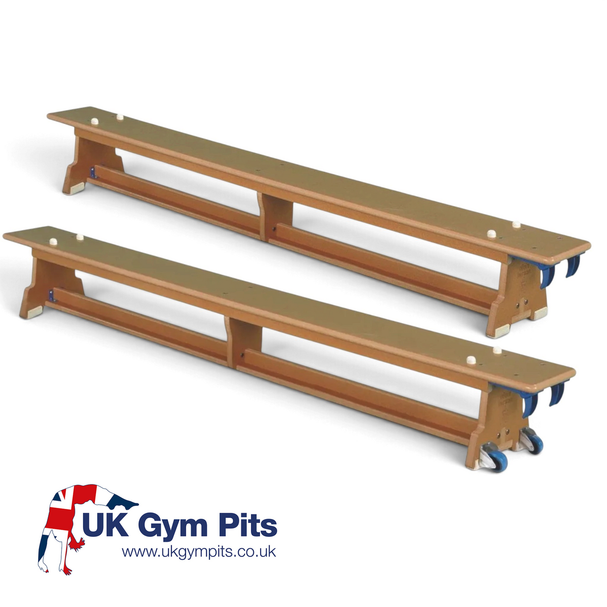 UK Gym Pits Eurobench balance benches in natural timber with nylon hooks, rubber feet, and optional castor wheels.
