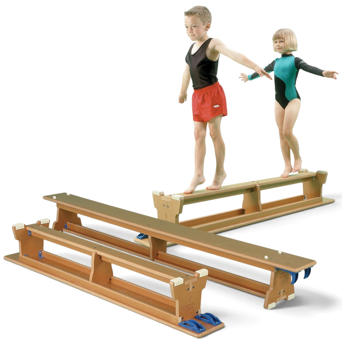 UK Gym Pits Eurobench wooden balance benches with nylon hooks and rubber feet, used by children for gymnastics