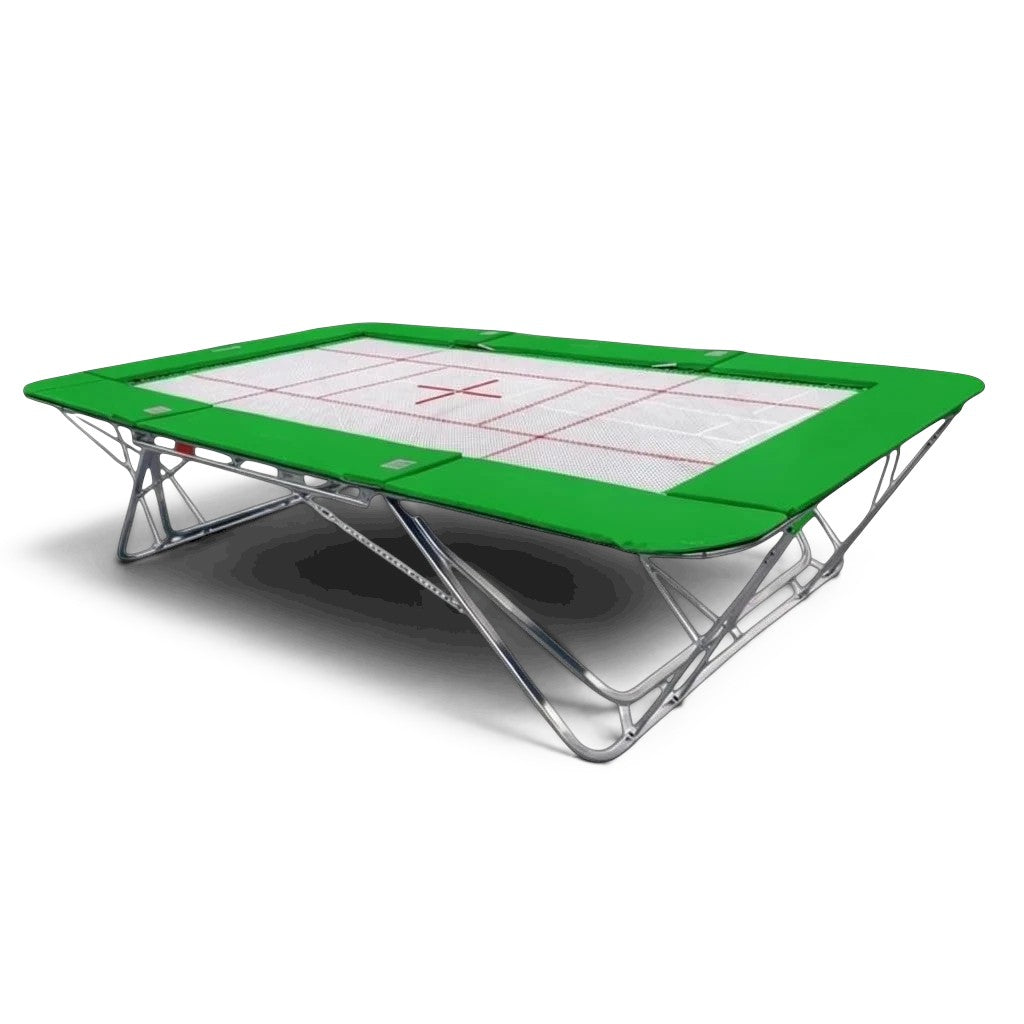UK Gym Pits GM Extreme competition trampoline with a 4mm by 6mm web bed and green protective frame pads
