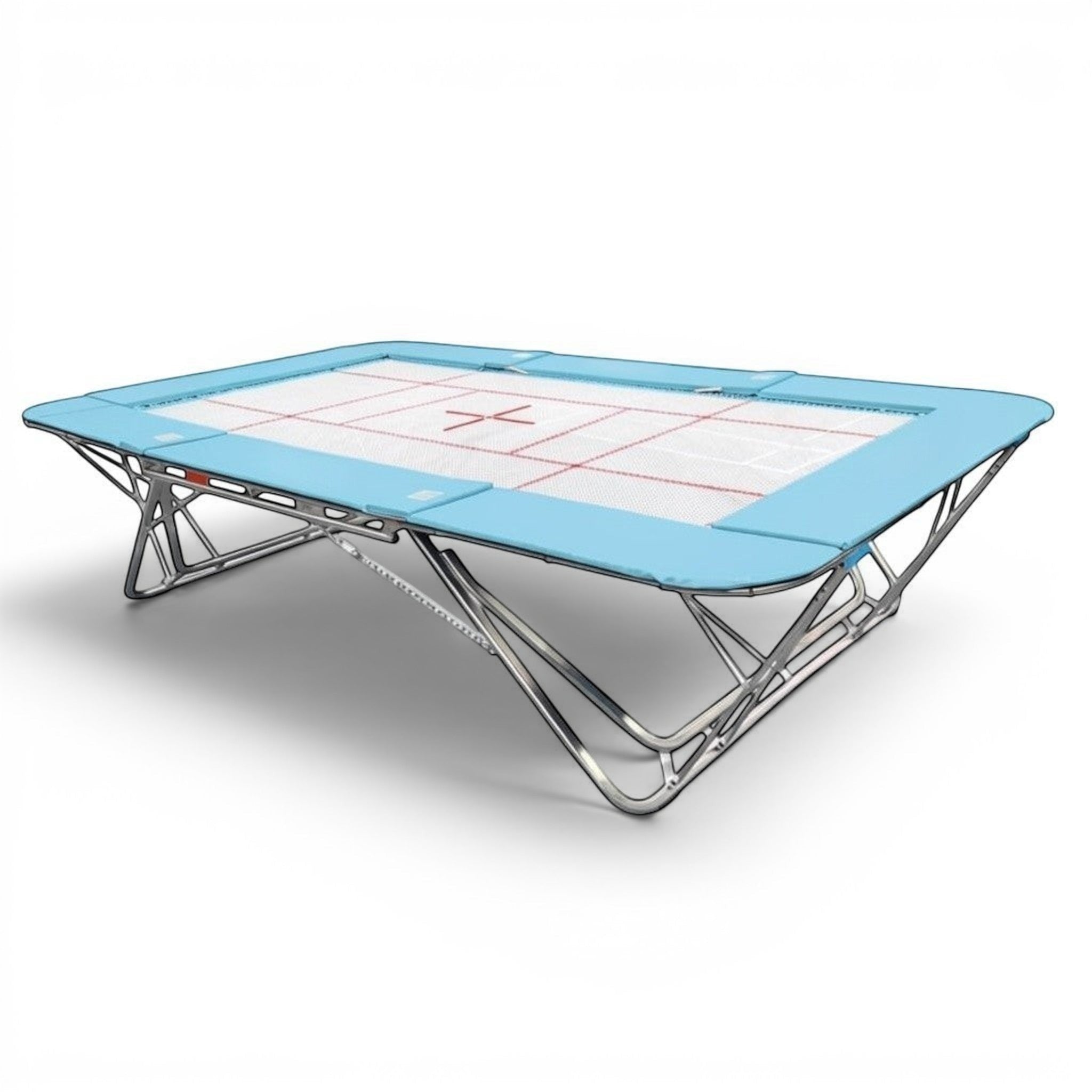 UK Gym Pits GM Extreme competition trampoline with a 6mm web bed and light blue protective frame pads.
