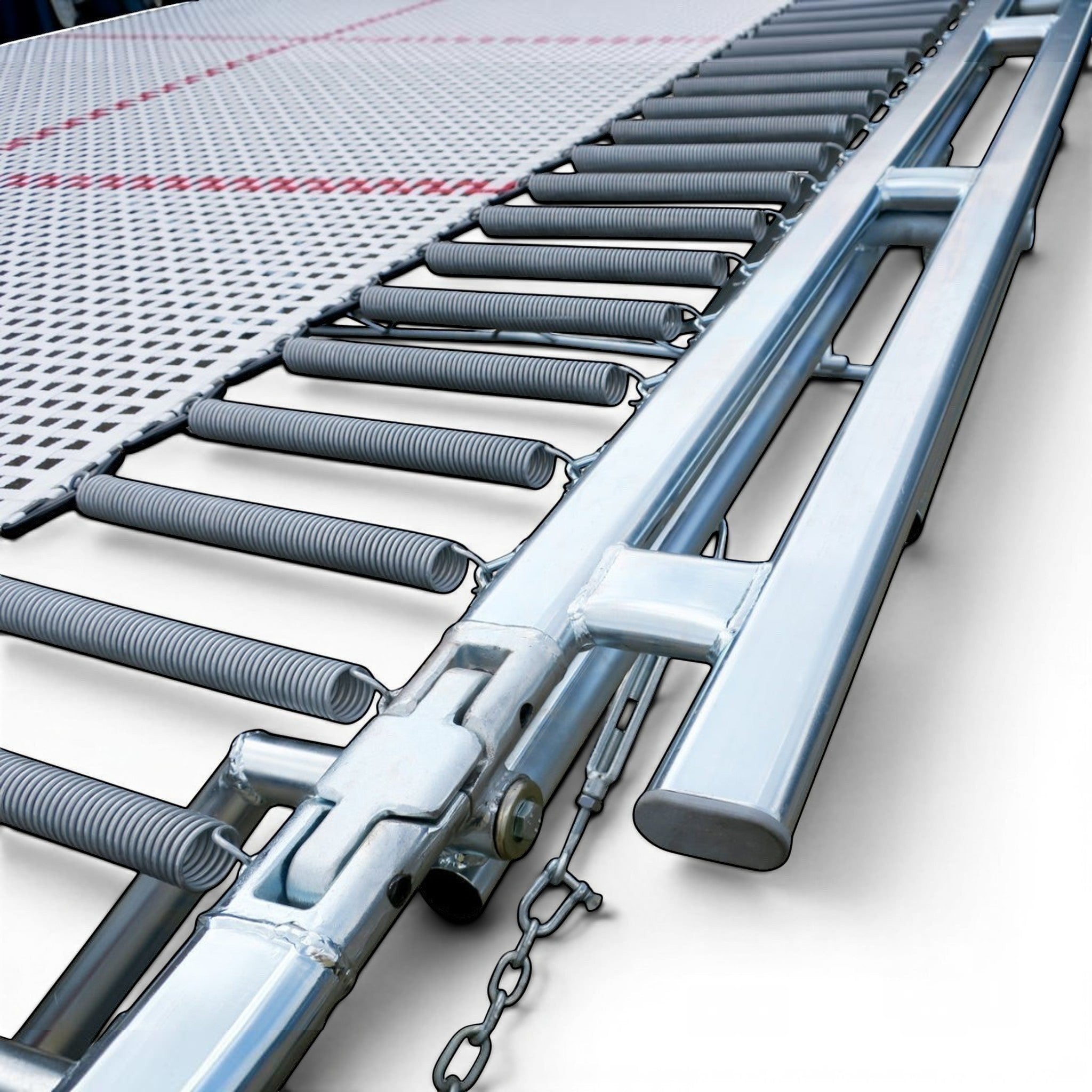 UK Gym Pits GM Extreme trampoline showing the 6mm web bed, high tensile steel springs, and sturdy metal frame.