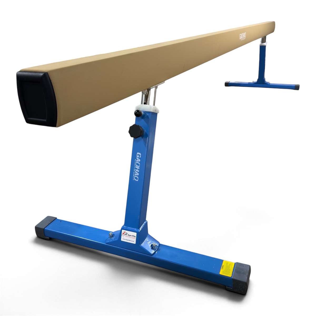 UK Gym Pits FIG approved gymnastics balance beam with tan PU leather surface and blue adjustable steel frame