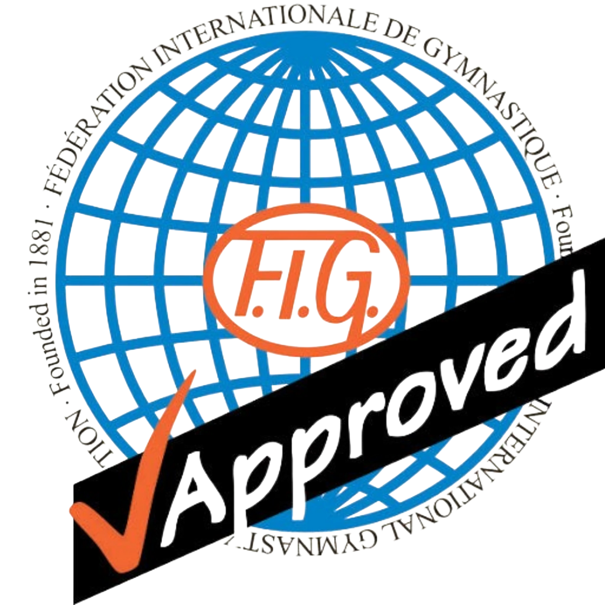 UK Gym Pits FIG approved logo for gymnastics equipment, featuring a blue globe icon and orange checkmark.