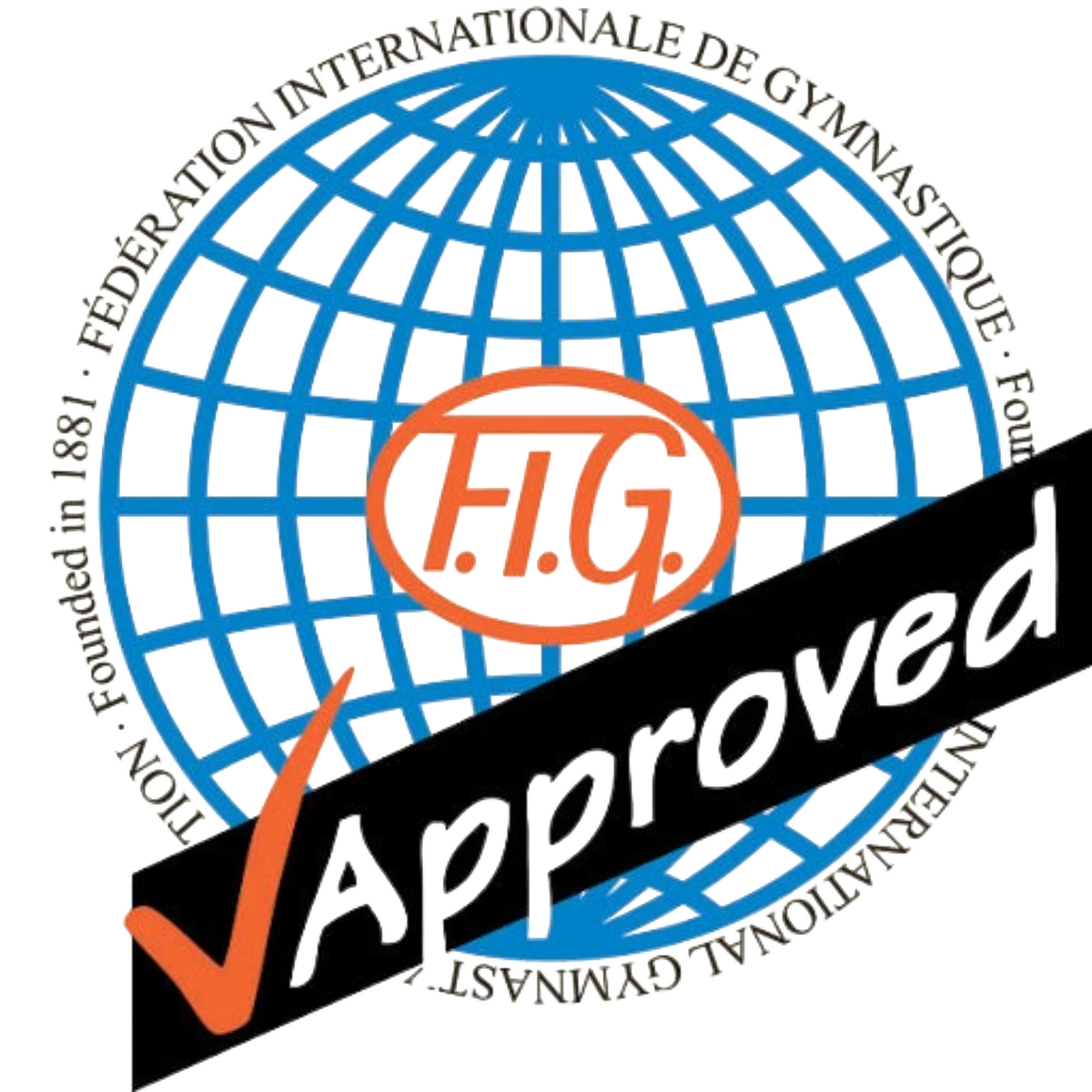 UK Gym Pits FIG approved certification logo for gymnastics equipment featuring a blue globe and orange text
