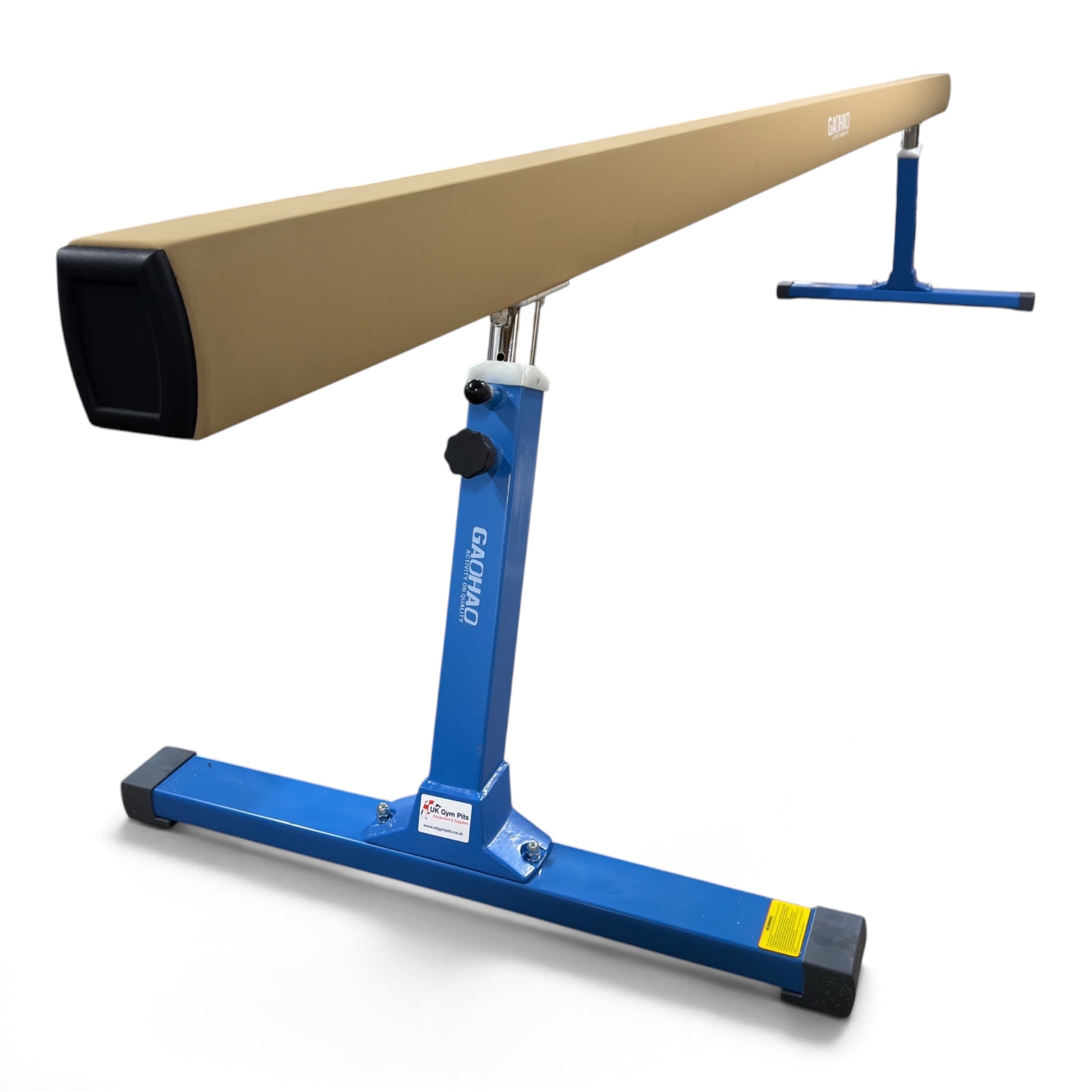 UK Gym Pits FIG approved gymnastics balance beam with tan PU leather surface and blue adjustable steel frame