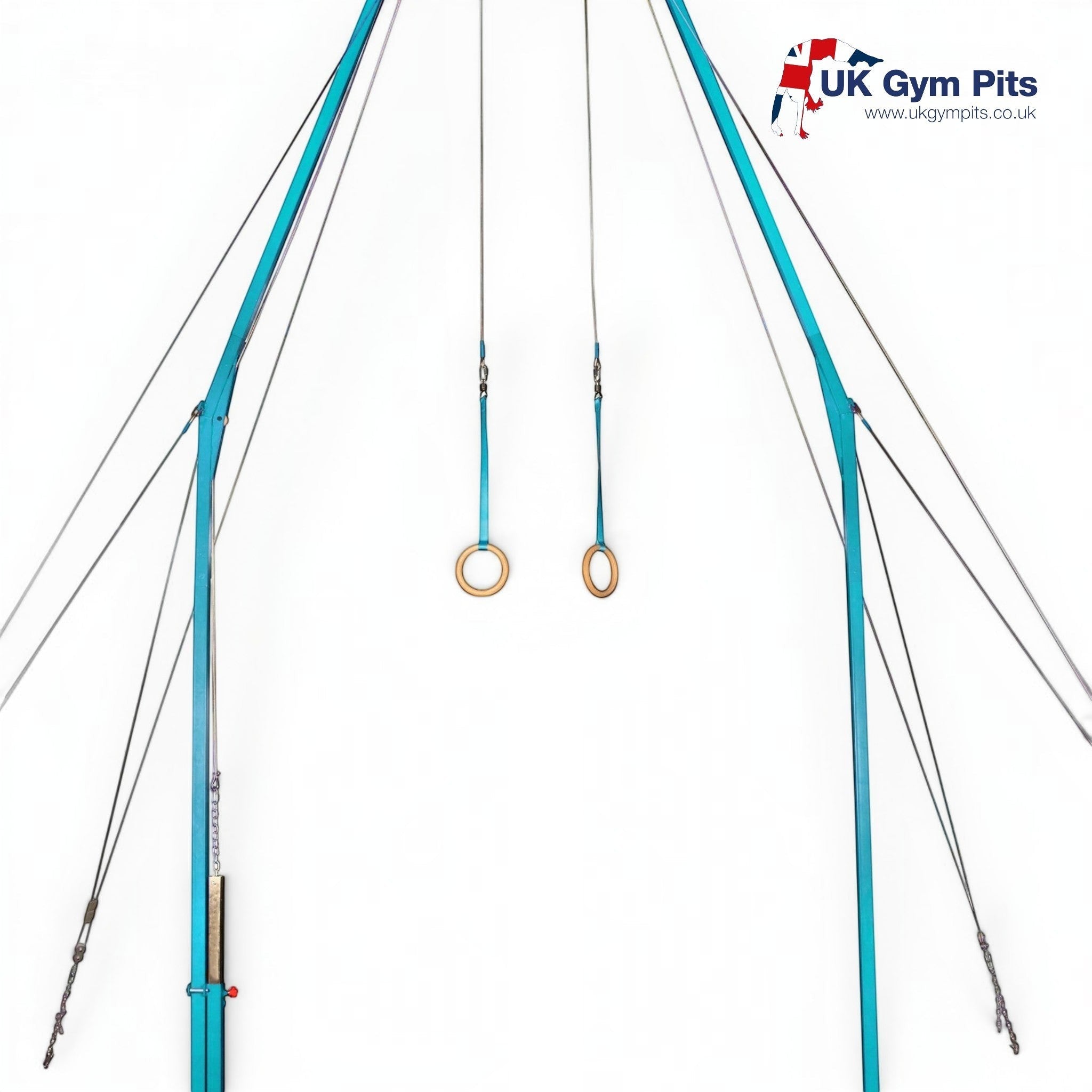 UK Gym Pits FIG approved gymnastics ring frame with blue tubular steel structure and adjustable cabling system.