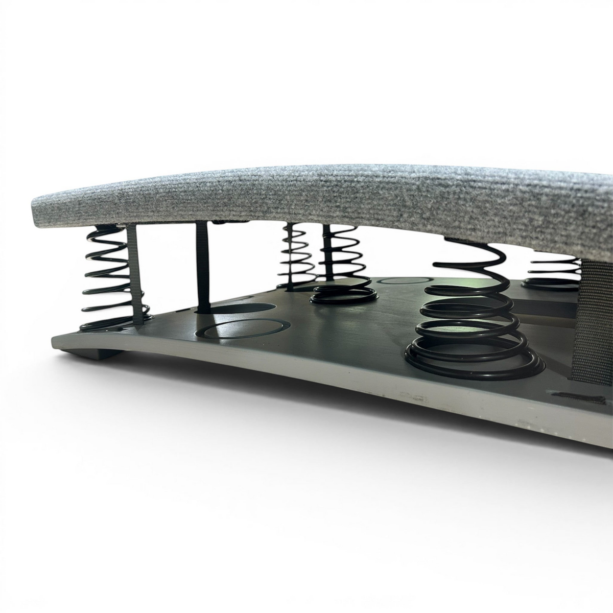 UK Gym Pits FIG approved gymnastics springboard with grey carpeted surface and heavy duty tapered steel springs