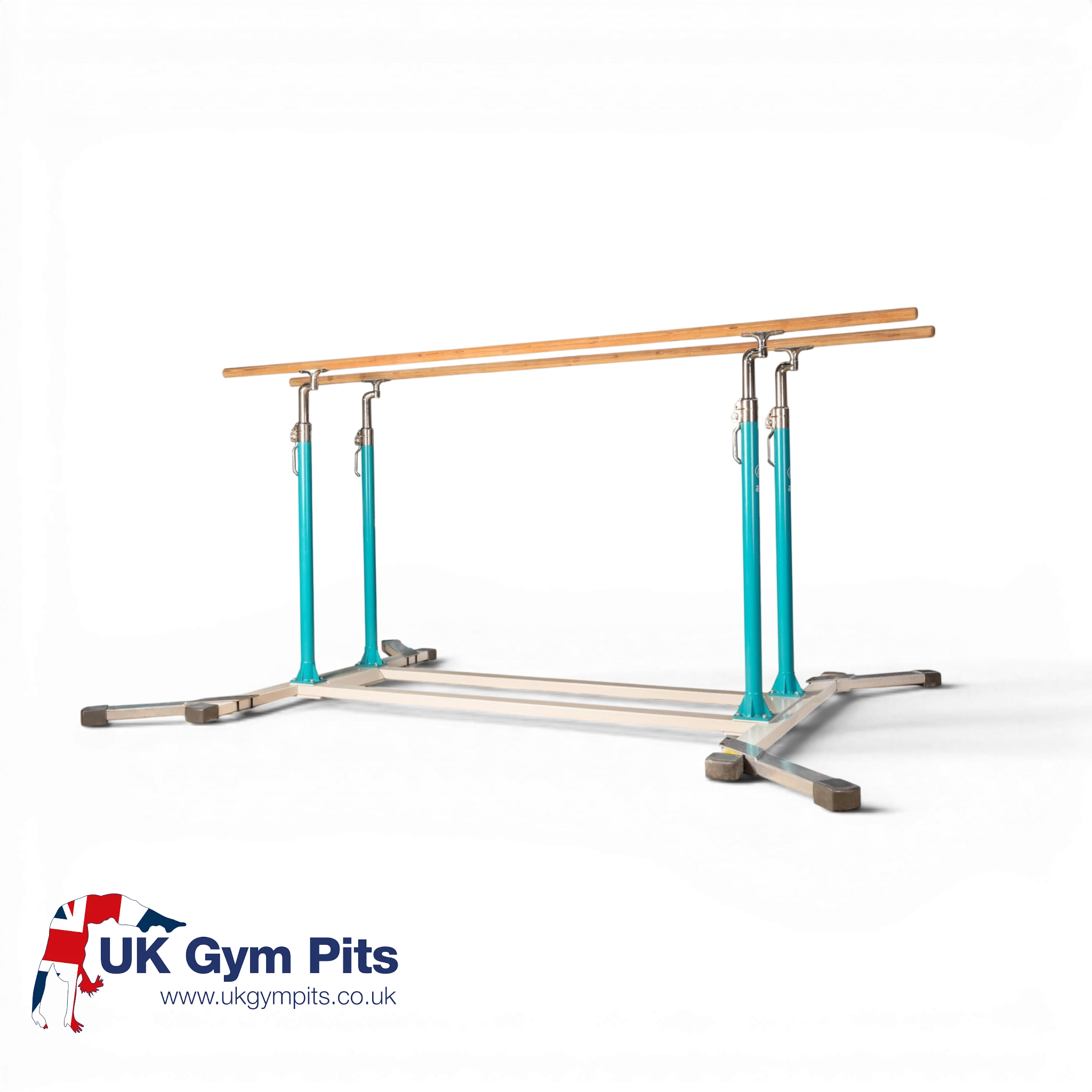 UK Gym Pits FIG approved parallel bars with fibreglass wood rails and adjustable reinforced steel frame