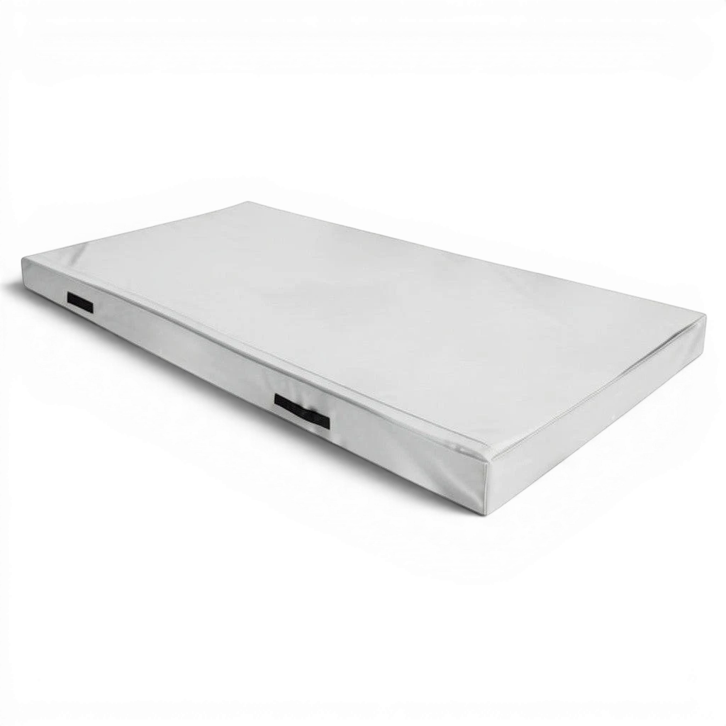 UK Gym Pits FIG spec grey push-on safety mat with durable PVC cover and side handles for trampoline coaching