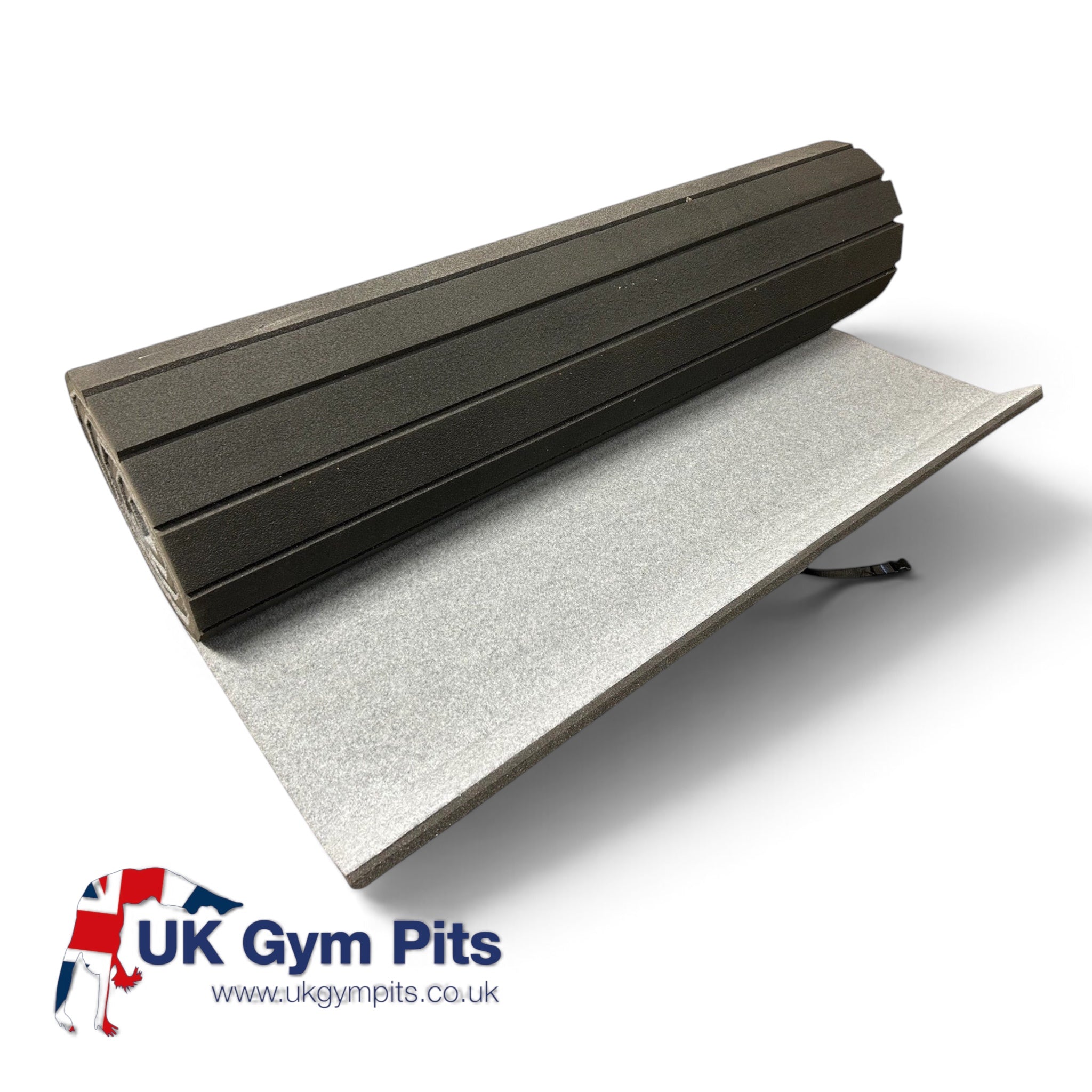 UK Gym Pits flexi carpet mat roll in grey with high-density XPE foam backing for gymnastics and cheerleading.