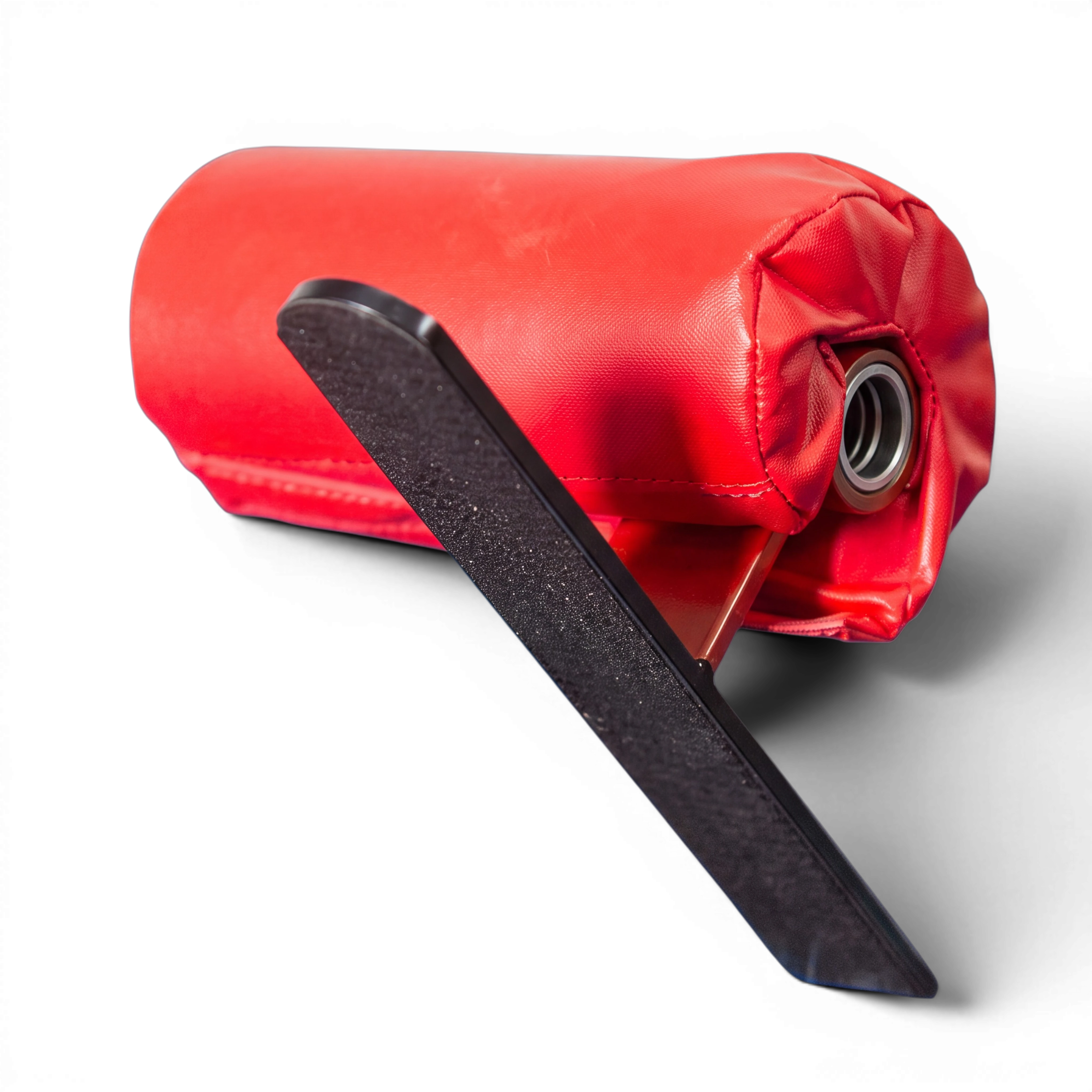 UK Gym Pits floor training bar with red vinyl foam padding and Velcro base for secure gymnastics practice