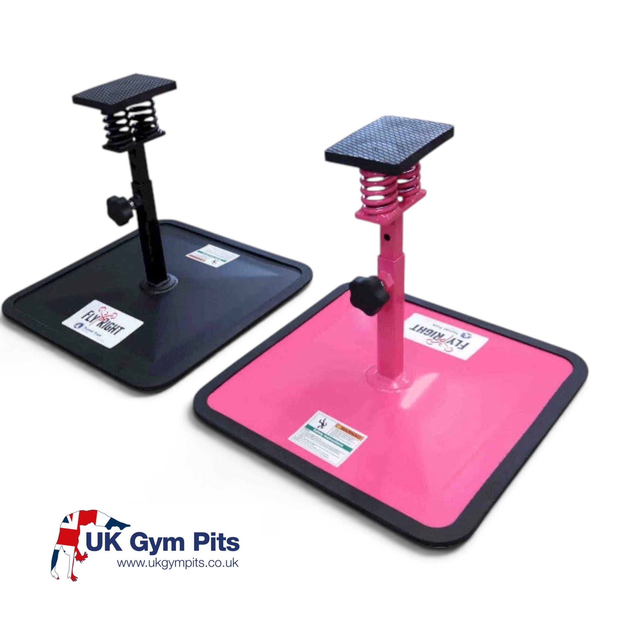 UK Gym Pits Fly Right adjustable cheerleading stunt stands in pink and black with non-slip foot rests and bases