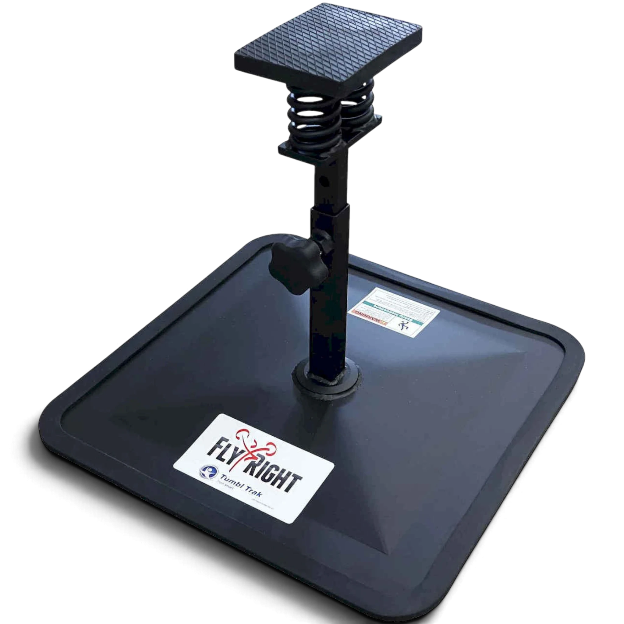 UK Gym Pits Fly Right stunting stand in black with adjustable height settings and non-slip foot rest for cheerleaders