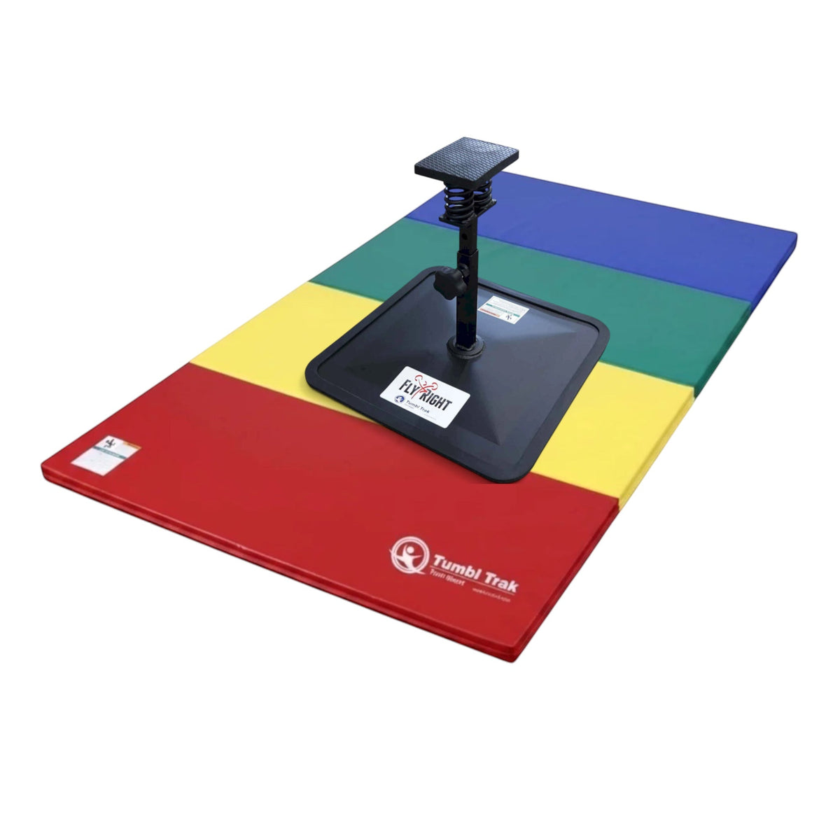 UK Gym Pits Flyers Dream Package featuring a black Fly Right stunting stand on a multi-coloured folding tumbling mat.