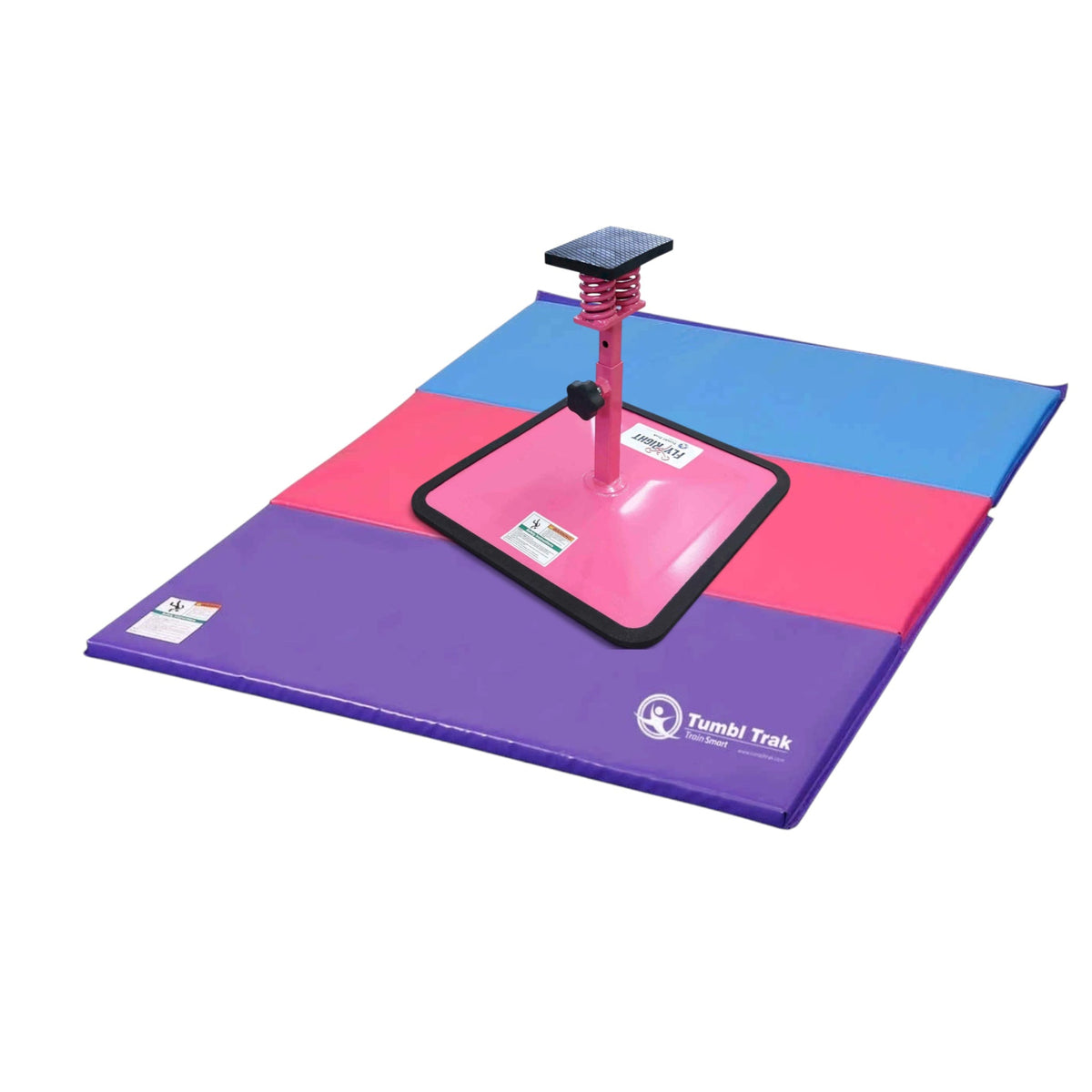 UK Gym Pits Flyers Dream Package featuring a pink Fly Right stunting stand on a multi-coloured folding tumbling mat.