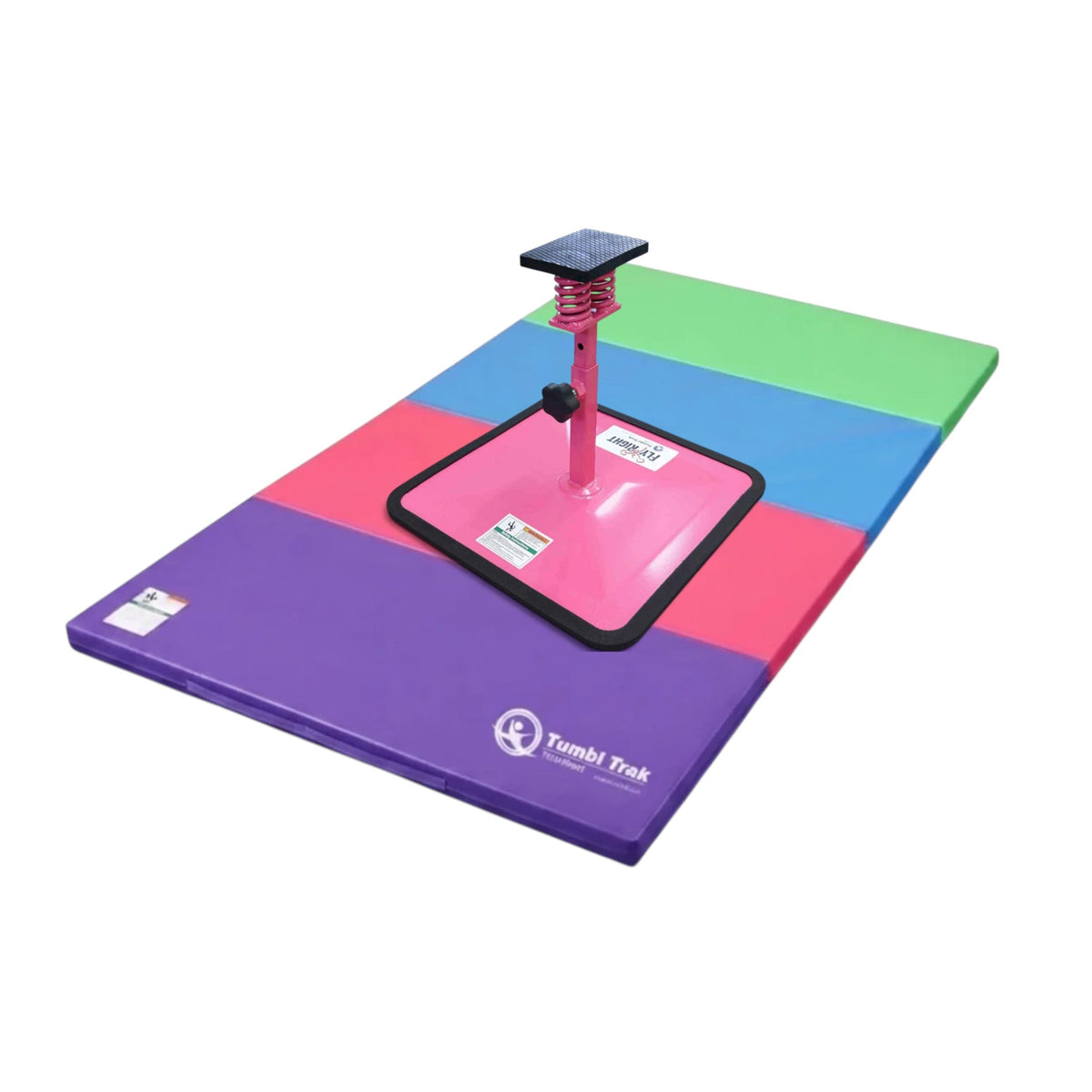 UK Gym Pits Flyers Dream Package with pink Fly Right stunting stand on a multi-coloured folding tumbling mat