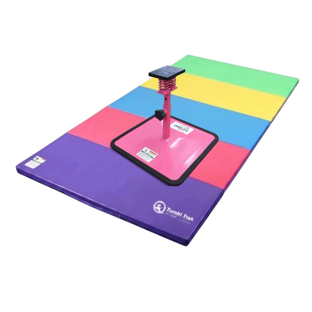 UK Gym Pits Flyers Dream Package with pink Fly Right stunting stand on a multi-coloured folding tumbling mat