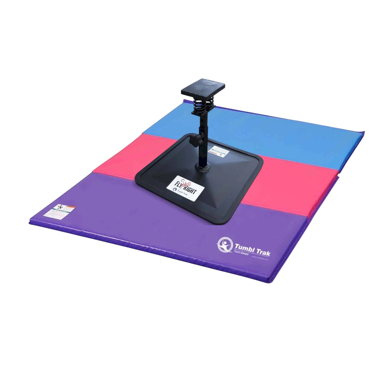 UK Gym Pits Flyers Dream Package featuring a black Fly Right stunting stand on a multi-coloured folding tumbling mat.