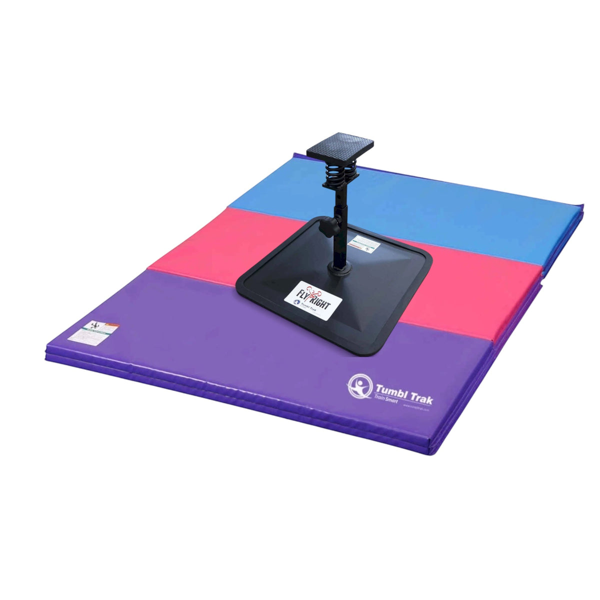 UK Gym Pits folding tumbling mat in blue, pink, and purple vinyl for cheerleading and gymnastics training