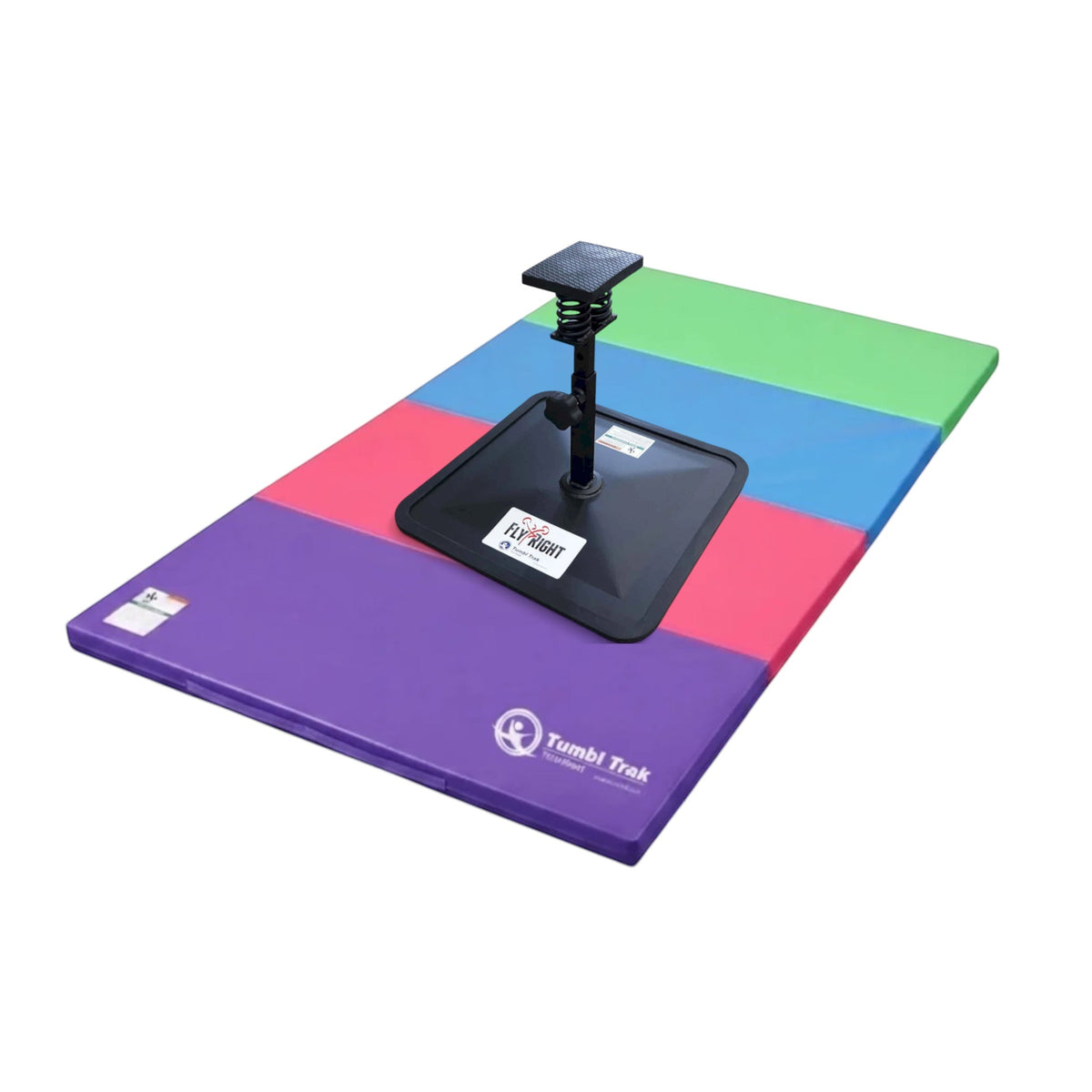 UK Gym Pits Flyers Dream Package with a black Fly Right stunting stand on a multi-coloured folding tumbling mat