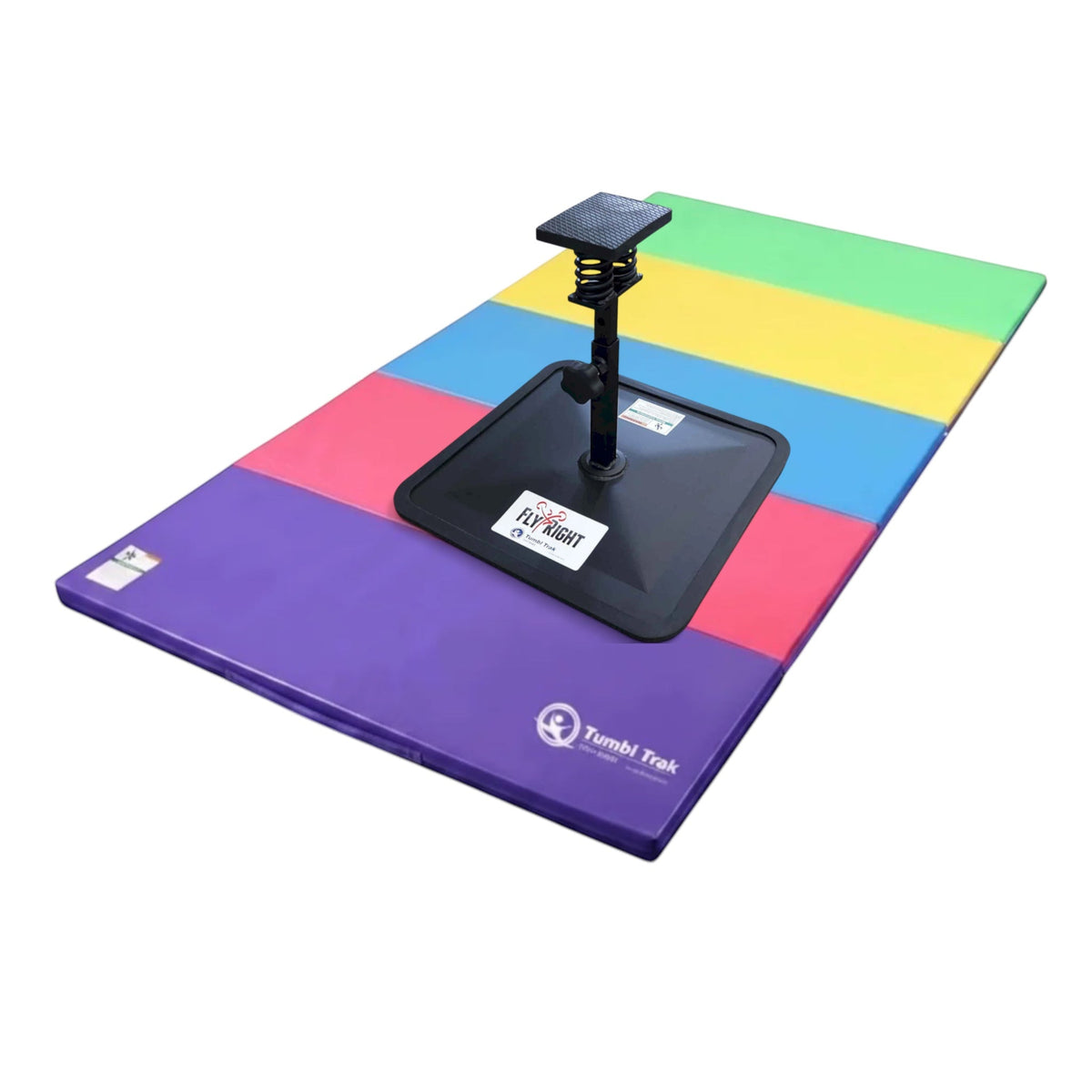 UK Gym Pits Flyers Dream Package with a black Fly Right stunting stand on a multi-coloured folding tumbling mat.