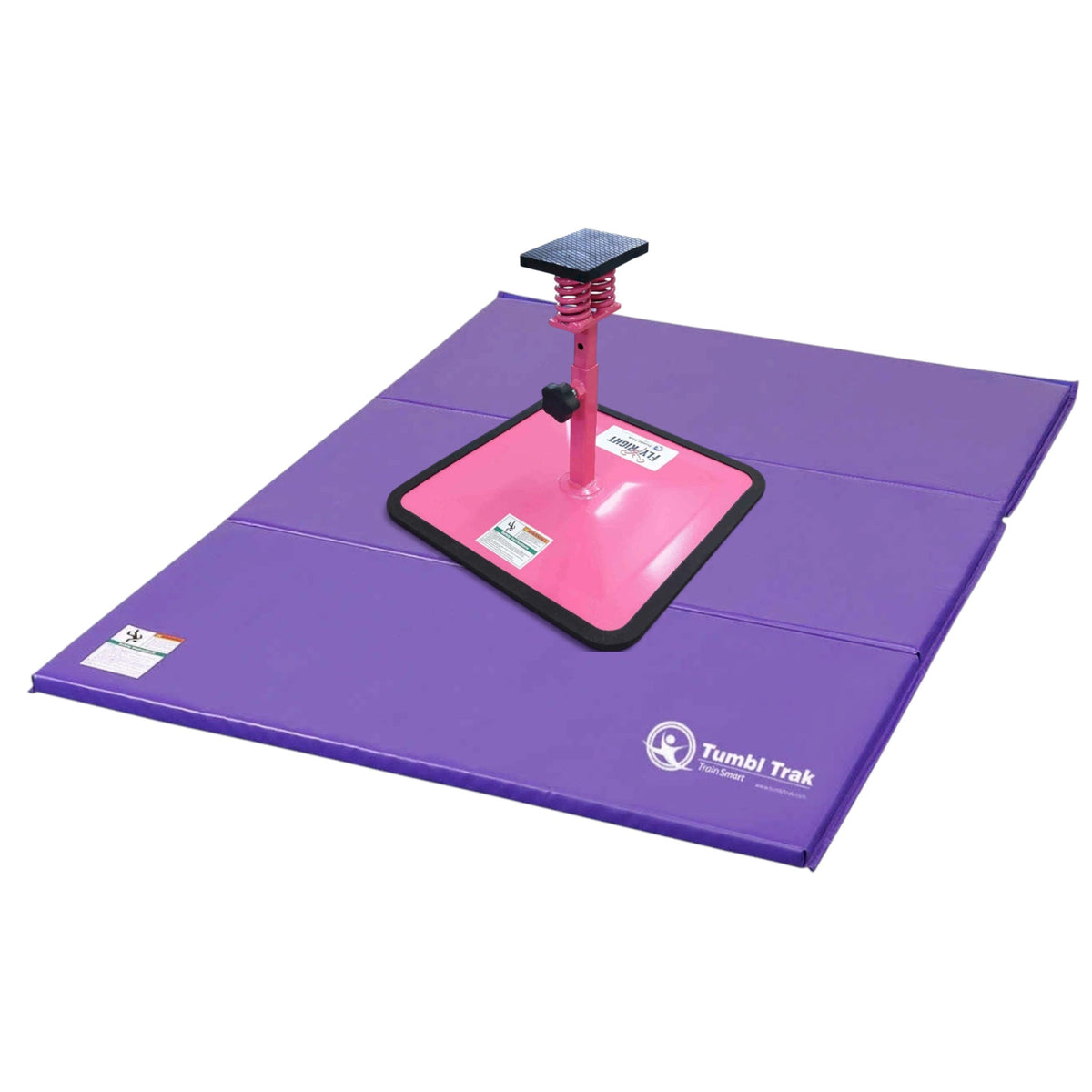 UK Gym Pits Flyers Dream Package with a pink Fly Right stunting stand on a purple folding tumbling mat for cheerleading.