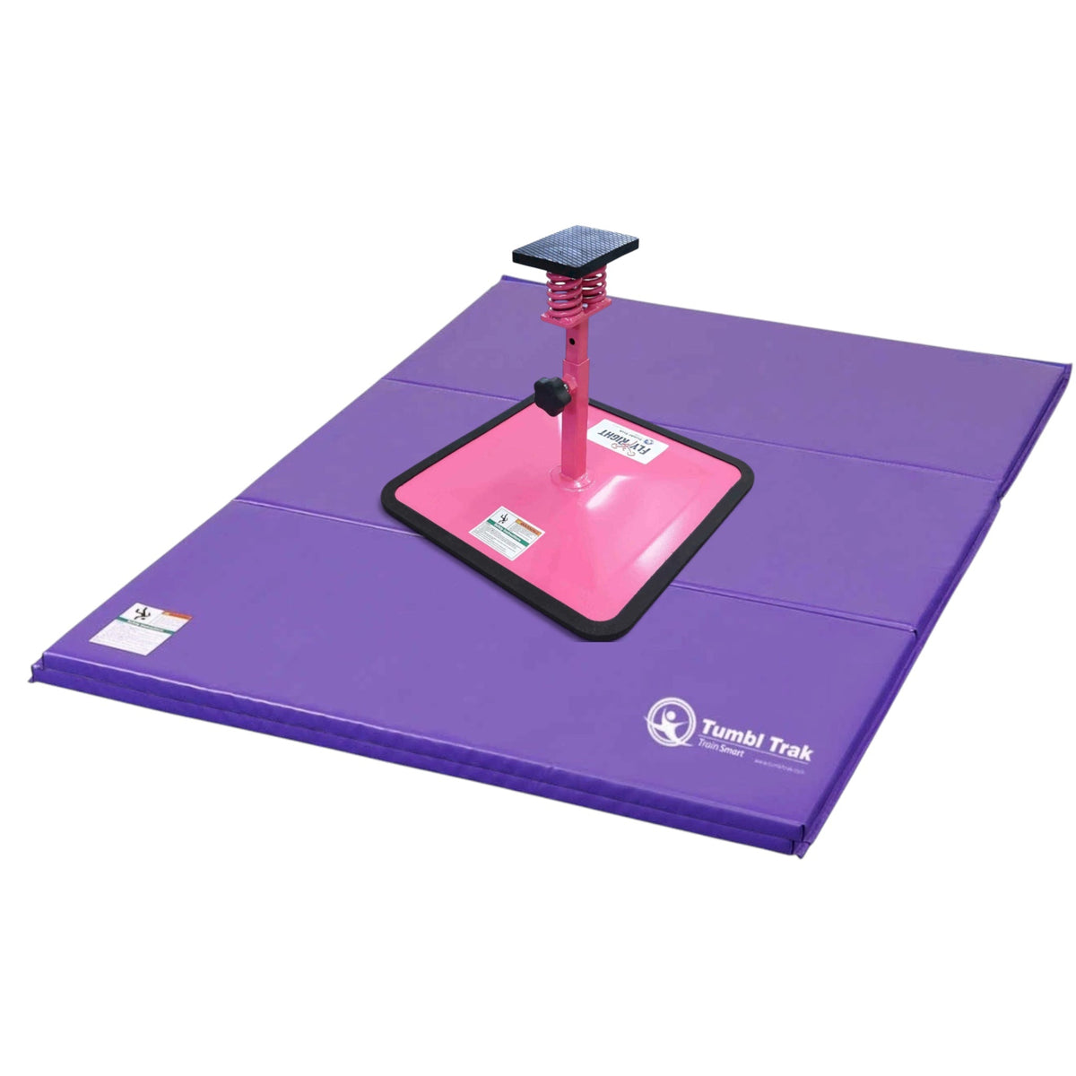UK Gym Pits Flyers Dream Package with a pink Fly Right stunting stand on a purple folding vinyl tumbling mat