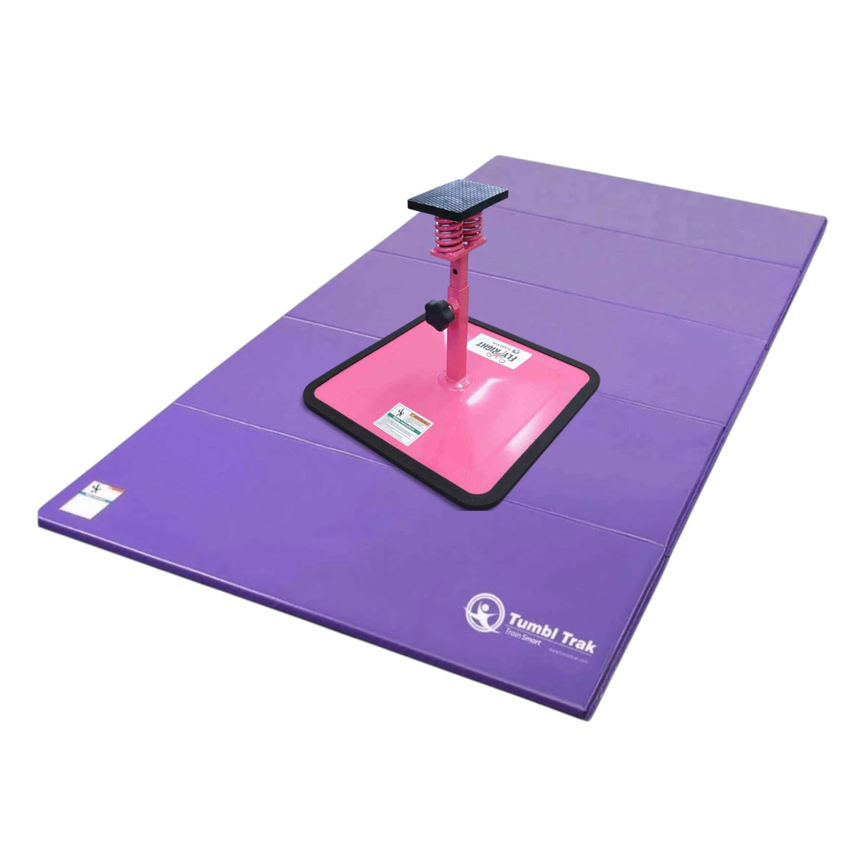 UK Gym Pits Flyers Dream Package featuring a pink Fly Right stunting stand on a purple folding tumbling mat.