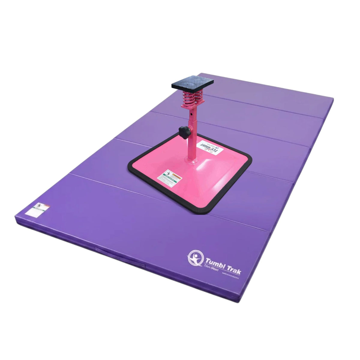 UK Gym Pits Flyers Dream Package featuring a pink Fly Right stunting stand on a purple folding vinyl tumbling mat.