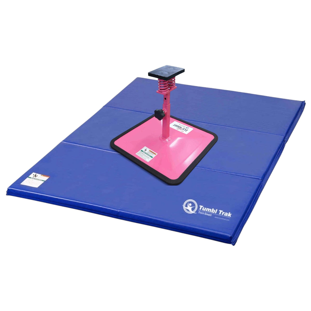 UK Gym Pits Flyers Dream Package featuring a pink Fly Right stunting stand on a blue folding vinyl tumbling mat.