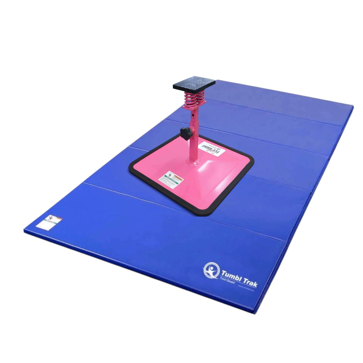 UK Gym Pits Flyers Dream Package featuring a pink Fly Right stunting stand on a blue folding tumbling mat